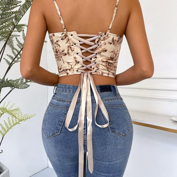 Multicolor Boho Women's Floral Print Lace Up Back Crop Cami Top - Picture 3 of 6